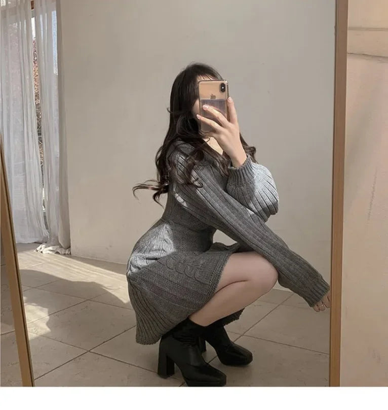 Korean Chic Autumn Gentle V-neck Linen Pattern Design Slimming Long Sleeve A- line Knitted Dress High Collar Ankle-length Dress