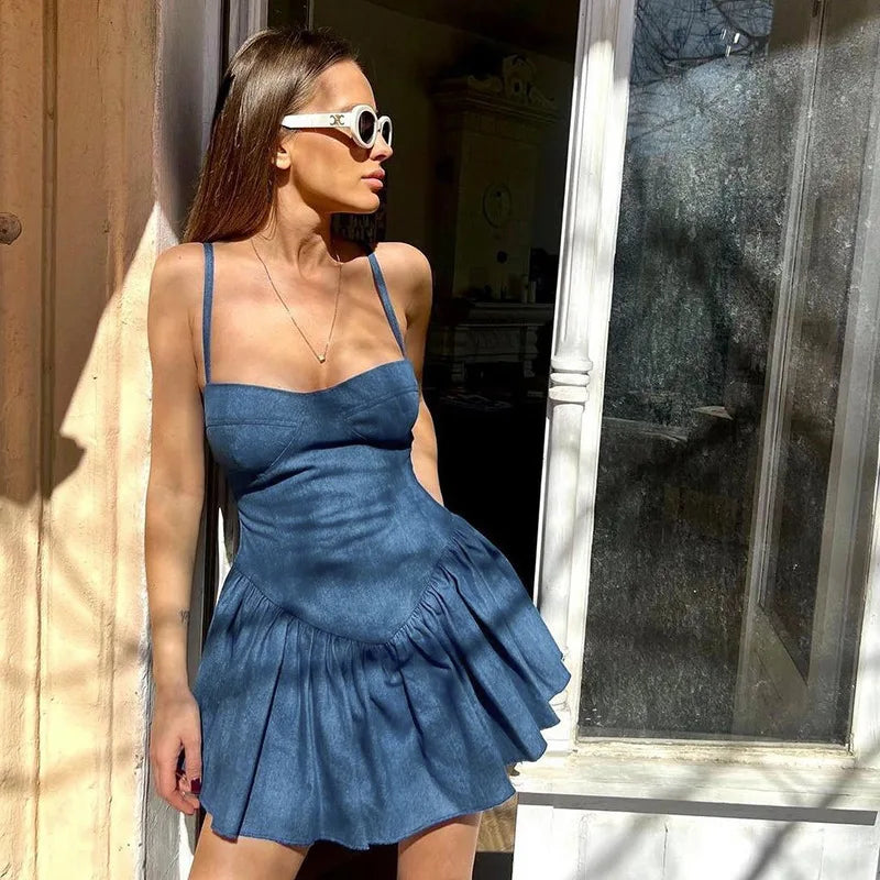 Summer 2025 & 2026 Women's Wrap Hip A-Line Skirt Sexy Bra Imitation Denim Dress European American Style Wrap Dress
