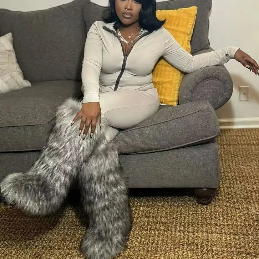 Winter New High Boots Over The Knee Snow Boots Women Plus Velvet Warm Imitation Fox Fur Boots Imitation Raccoon Fur Winter Boots