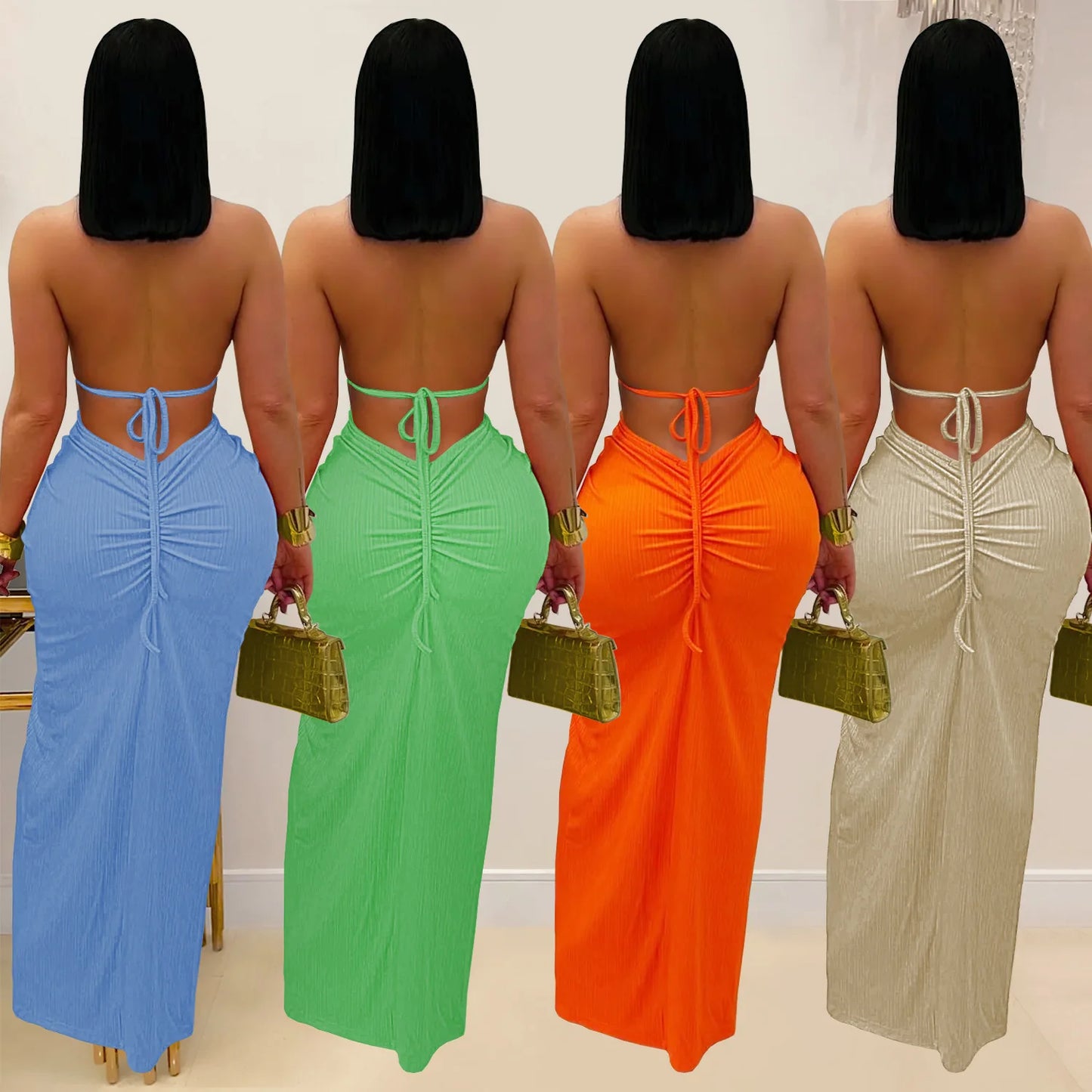 Women's Hollow Out Sleeveless Sexy Knitted Halter Neck Backless Solid Color Dress for Summer 2025