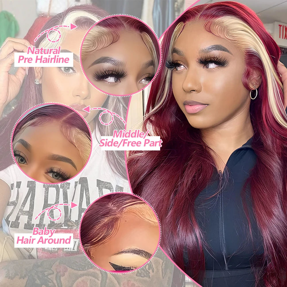 Ombre Highlight Blonde With Red Colored 13x4 Lace Front Wigs Human Hair Brazilian 30 Inch Bone Straight Human Hair Wig For Women