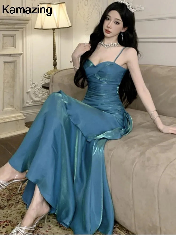 Sexy Solid Spaghetti Strap Sleeveless Evening Dresses Elegant Ruffles Party Long Dress For Women Summer Slim Beach New Vestidos