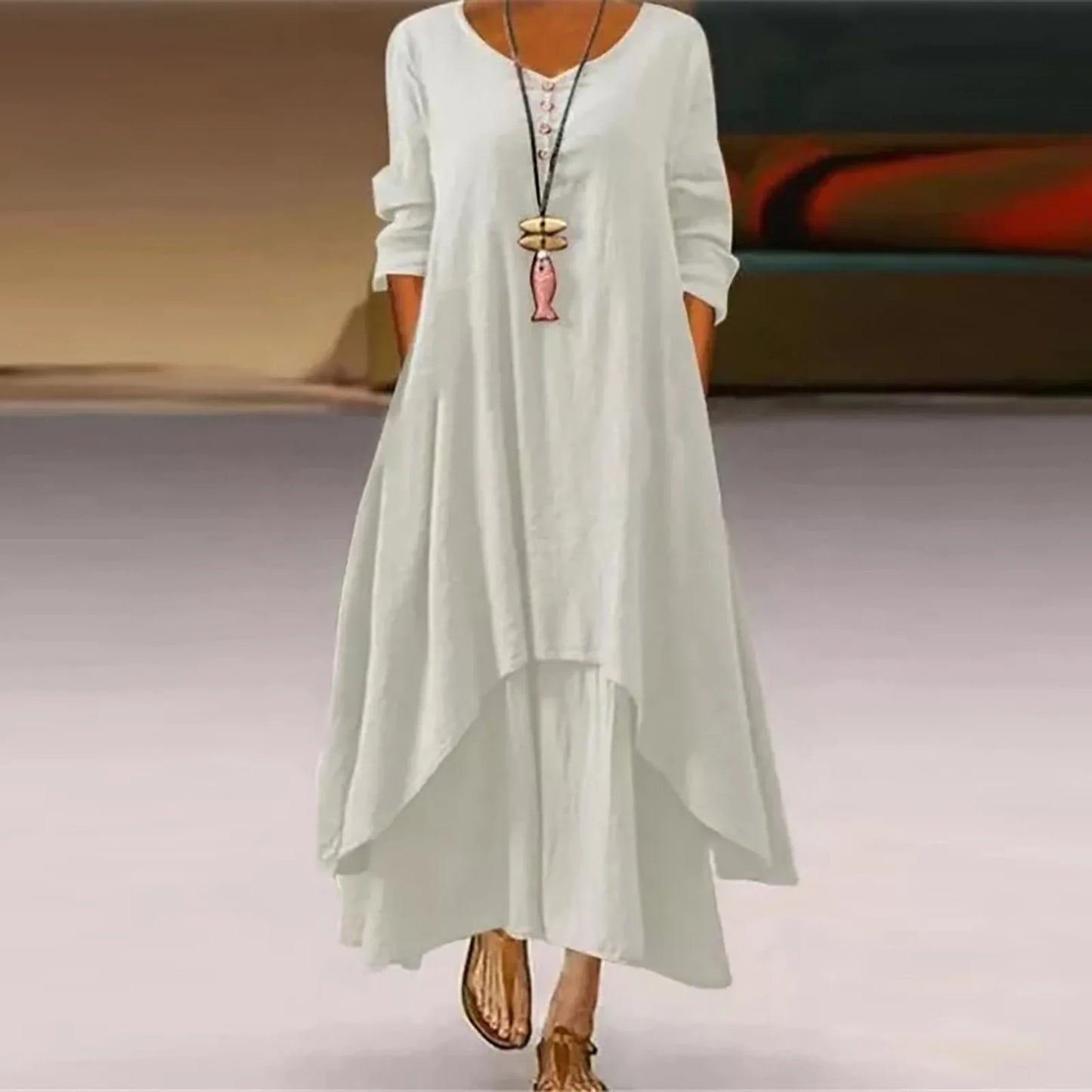 Women Elegant Linen Ginger Dresses Bohemia Layering Vintage Robe Long Sleeve Loose Long Dress Female Autumn Vestidos