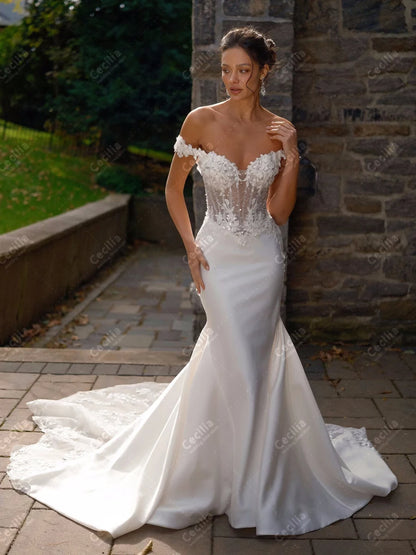 Vintage Wedding Dresses Satin Bridal Gowns Lace Appliques Off The Shoulder Robes Sweep Train Vestidos De Novia Customized 2025
