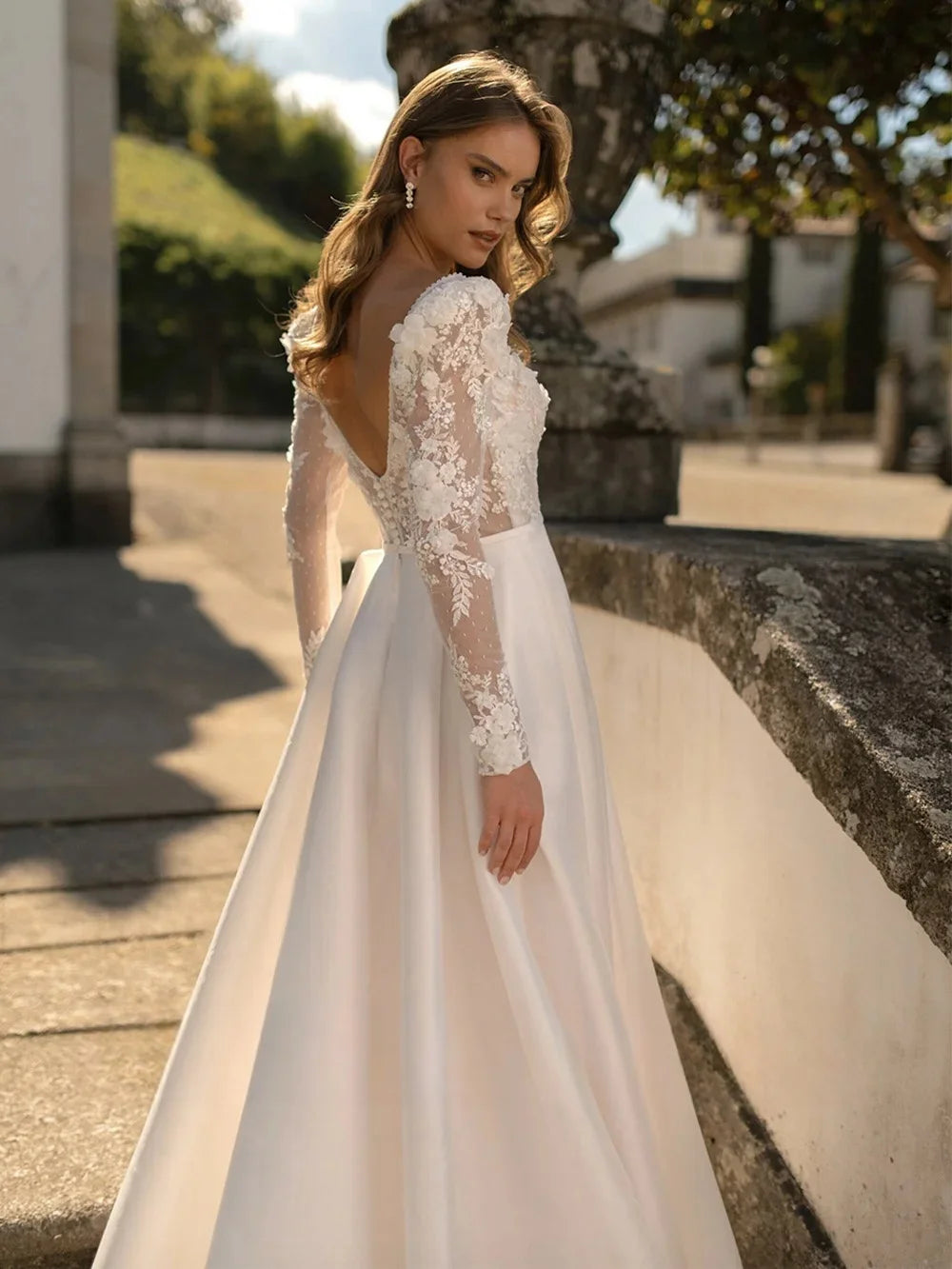 Wedding Dress for Lady Customized High Neck Long Sleeves Sequined Applique Draped A Line Satin Bridal Gown for Bride