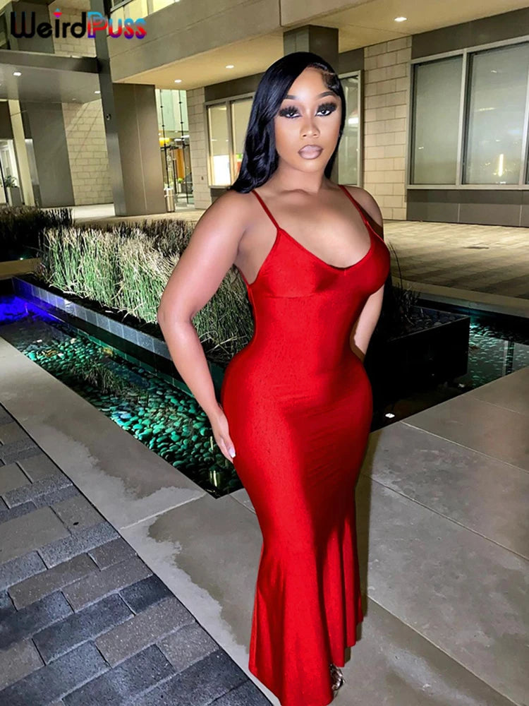 Weird Puss Sexy Backless Women Evening Maxi Dress Folds V-Neck Sleeveless Coquette Elegant Mermaid Matching Banquet Prom Bodycon