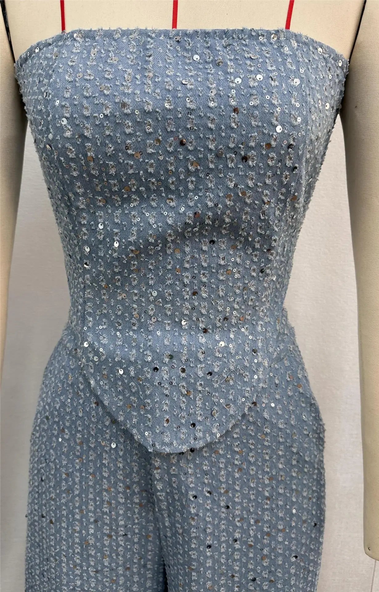 Fashion Sequins Denim Set Women Strapless Tunic Waist Crop Top and Wide Leg Pant Suit 2025 &2026 New 2 Piece Sets Outfits Tracksuit