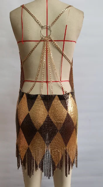 Sexy Backless Dresses For Woman Argyle Sequined Mini Dress Chain Strap Outwear V-Neck Sleeveless Summer Trendy Club Party Outfit