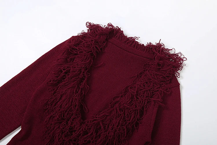 Cutenew Knit Deep V-Neck Furry Tassel Dress Women Winter Trend Sexy Elegant Peach Hip Christmas Party Stretch Slim Bodycon