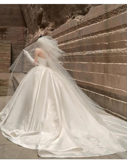 Satin Light Wedding Dress French Strapless Sleeveless Main Yarn High-end Heavy-duty Plus Size Outdoor Yarn For Brides Customized