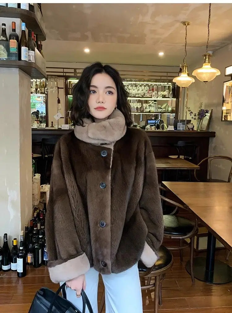 2025 New Coffee Colored Faux Mink Fur Spliced Lapel Fur Coat for Women Young and Loose