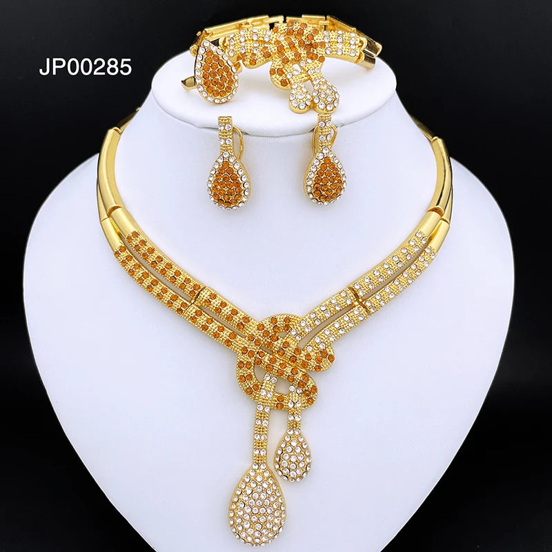 Dubai Gold Color Women Jewelry Sets Classic Design Necklace Earrings Charm Bracelet Ring  Banquet Party Jewelry 18K Gold Plated
