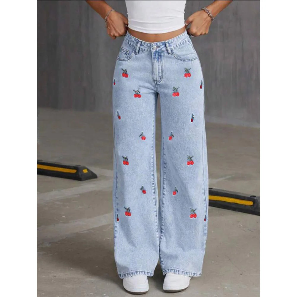 Denim Wide Leg Pants Women Jeans Embroidery High Waist Distressed Washed Mom Pockets Vintage Floor Length Trousers Streetwear