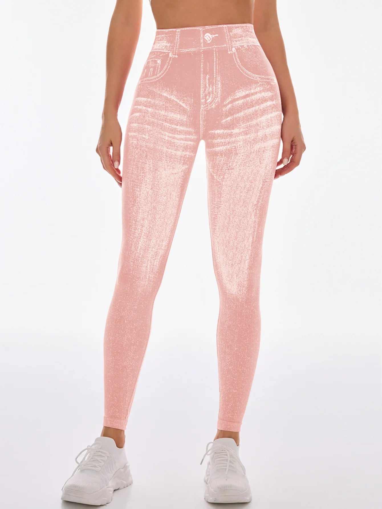 Women V Back Gym Leggings Faux Denim Jeans  Athletic Workout Leggins Elastic Seamless Training Yoga Pants Sports Fitness Tights