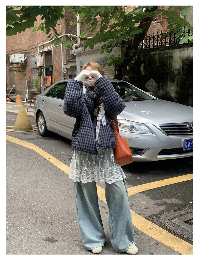 MEXZT Short Plaid Parkas Women Streetwear Stand Collar Puffer Jacket Winter Korean Down Coats Fashion Cotton Padded Outerwears