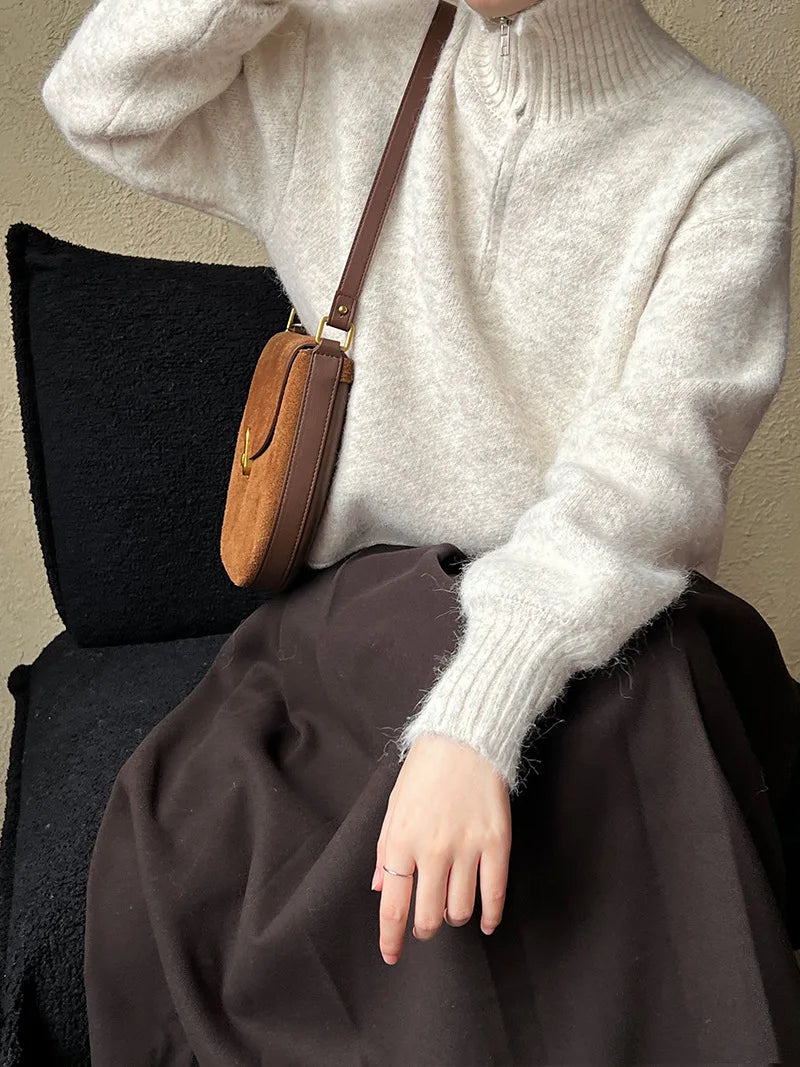 2026 Women Turn Down Collar Sweater Long Sleeve Zipper Design Warm Cardigans Clothes Tops For Women Winter Sweater Pull Femme