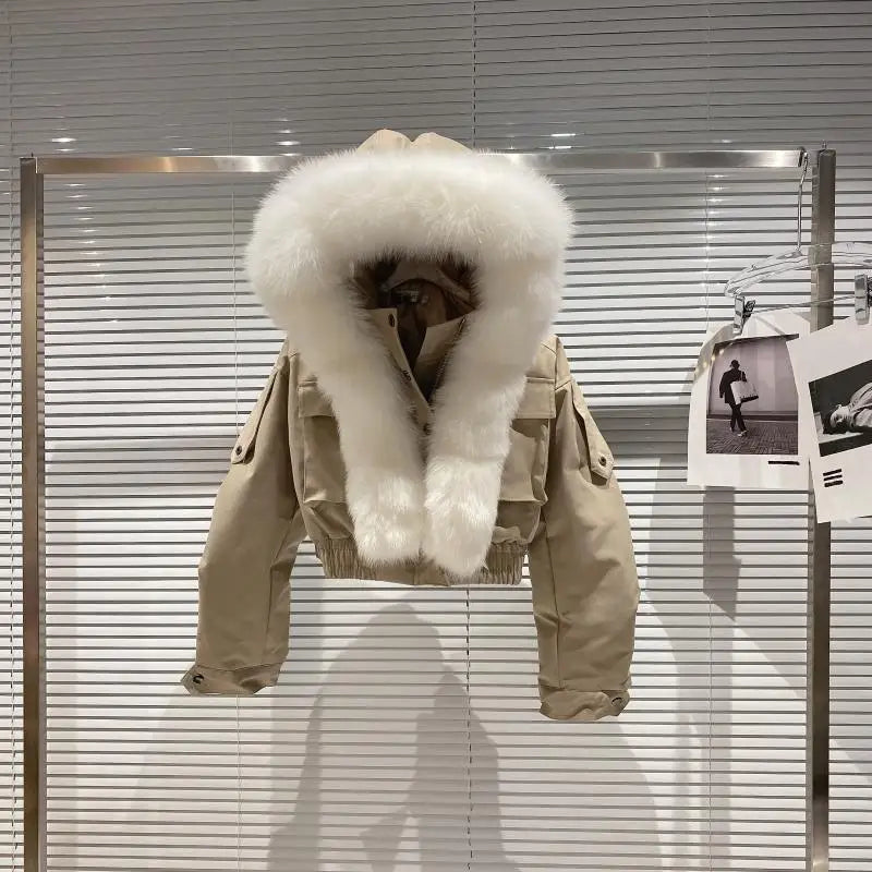 Big Fox Fur Collar Removable Rabbit Liner Short Coat Jacket for Women Winter Elastic Hem Hooded Jackets Wram Fashion Outwear