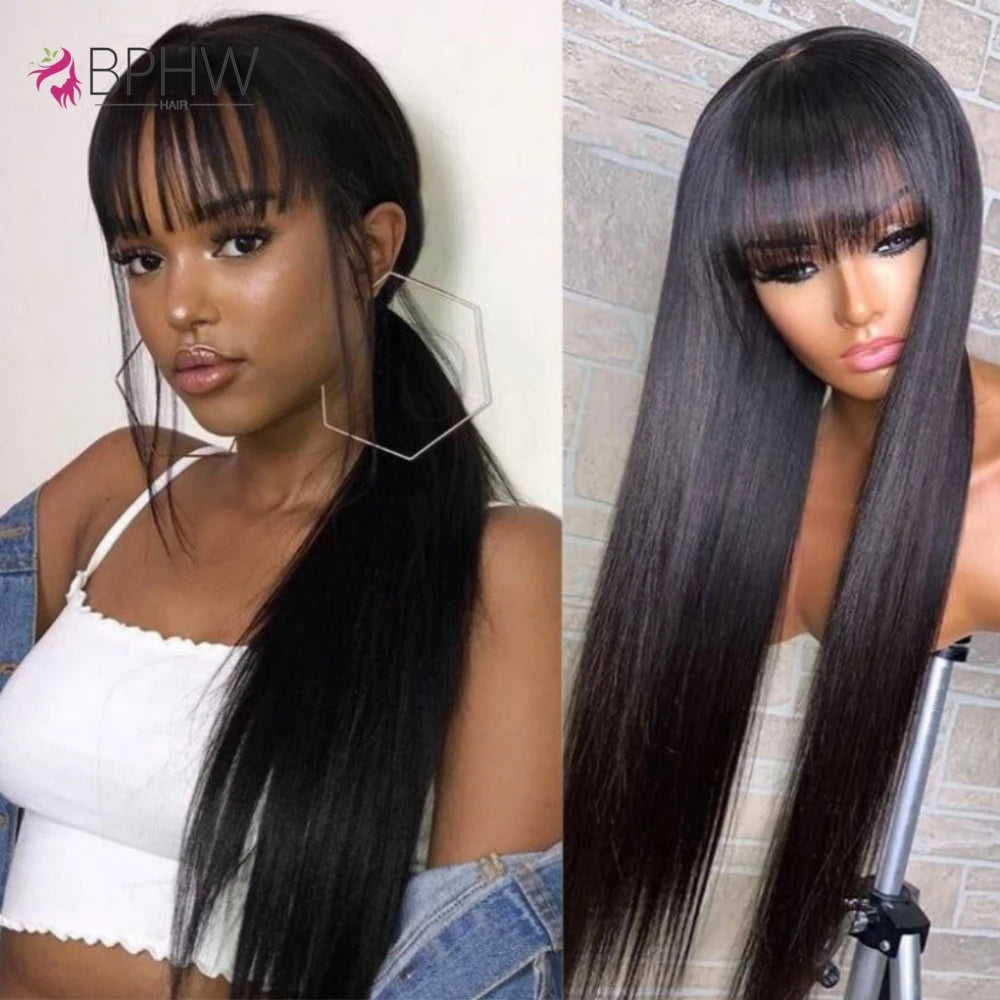 Bone Straight Cheap Wigs 180 Density Full Machine Made Human Hair Wig With Bangs On Clearance Sale Wigs For Women Wholesale BPHW
