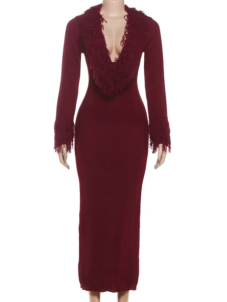 Cutenew Knit Deep V-Neck Furry Tassel Dress Women Winter Trend Sexy Elegant Peach Hip Christmas Party Stretch Slim Bodycon