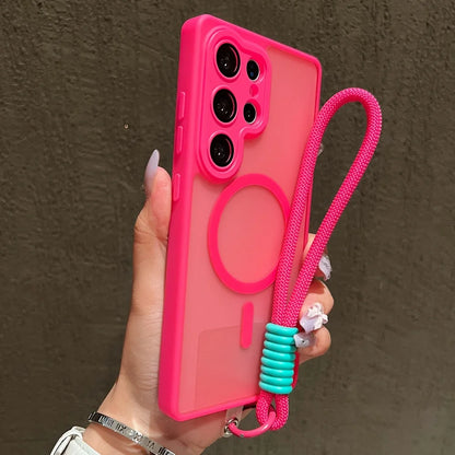 Wrist Strap Cord Magnetic Matte Translucent Armor Case For Samsung S25 Ultra S24 FE S23 Plus For Magsafe Wireless Charge Cover