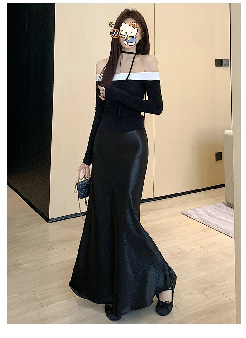 High Waist Elegant Satin Women's Mermaid Long Skirts 2026 New Autumn Solid Slim Korean A-line Wrap Fishtail Skirts Female