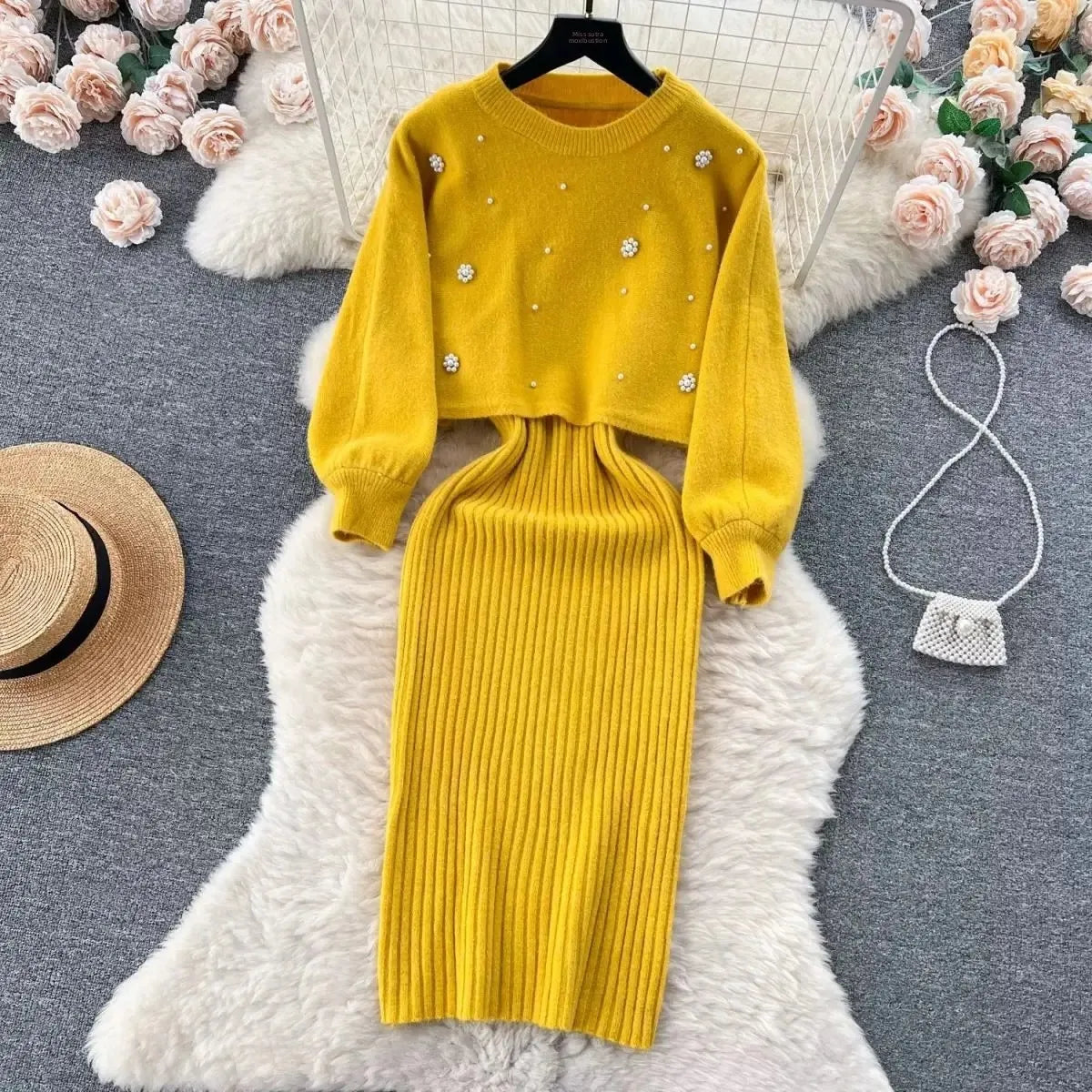Autumn Winter Slimming Knitted Sweater Dress Set Women's Mid-Length Base Layer Knee-Over Bottoming Dresses Fashionable