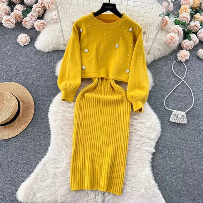 Autumn Winter Slimming Knitted Sweater Dress Set Women's Mid-Length Base Layer Knee-Over Bottoming Dresses Fashionable