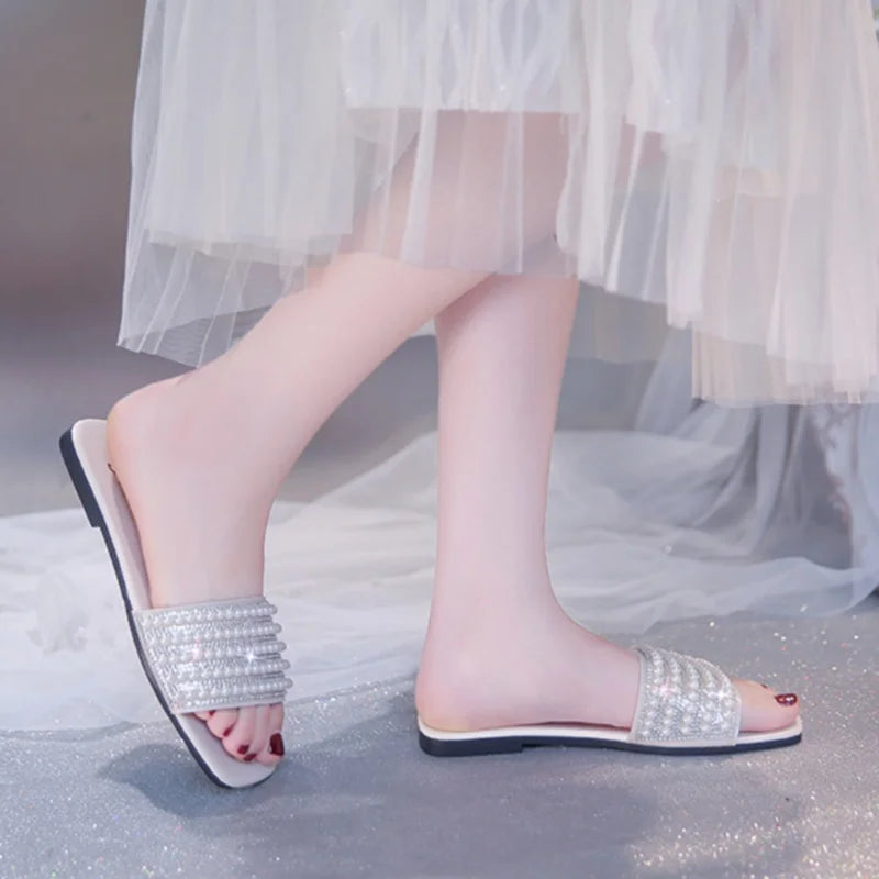 Women's Summer New Fashion Square Head Open Toe Design Women's Slippers Casual Flat Leather Beach Women's Flip-flops