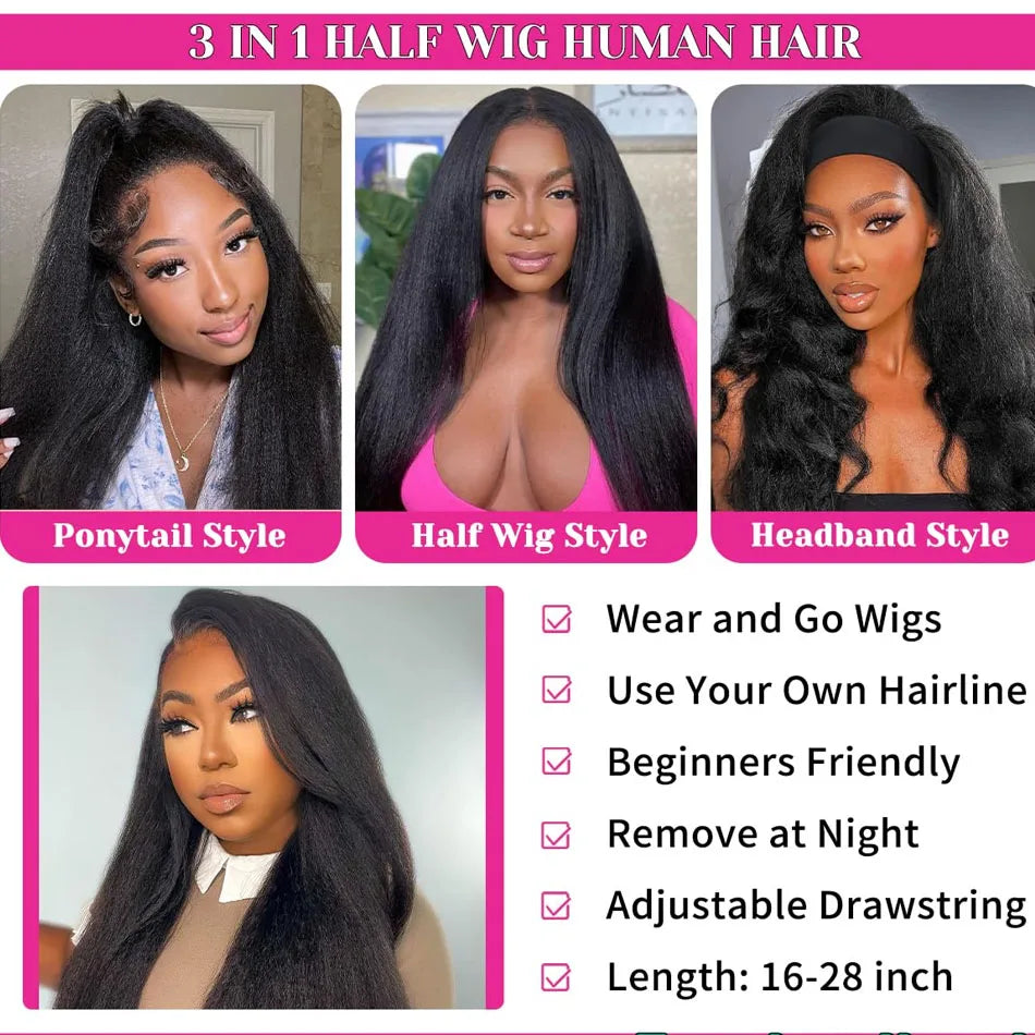 Human Hair 3 IN 1 Kinky Straight Wear and Go Half Wig Kinky Straight Upgrade Pre Plucked With Baby Hair Wig For Women Put Go