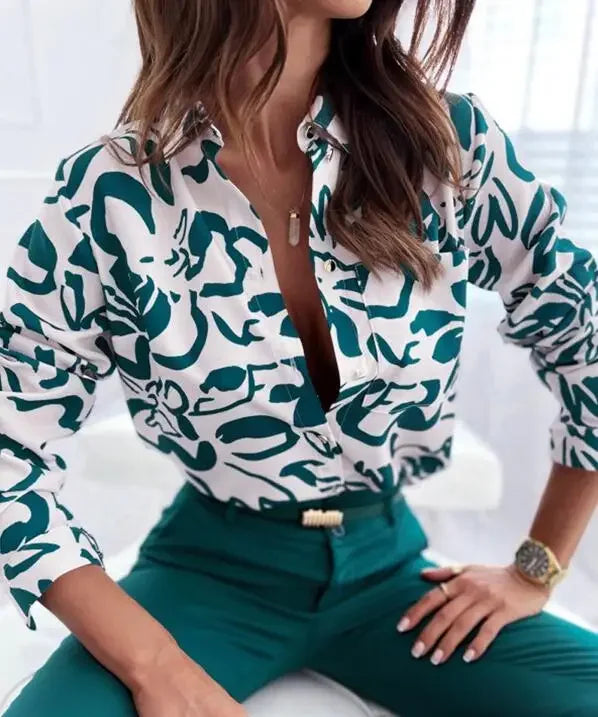 Women Geometric Print Shirt, Spring and Autumn Fashion Long-sleeved Shirts, Camisa Girls Chemise Size S M L XL XXL