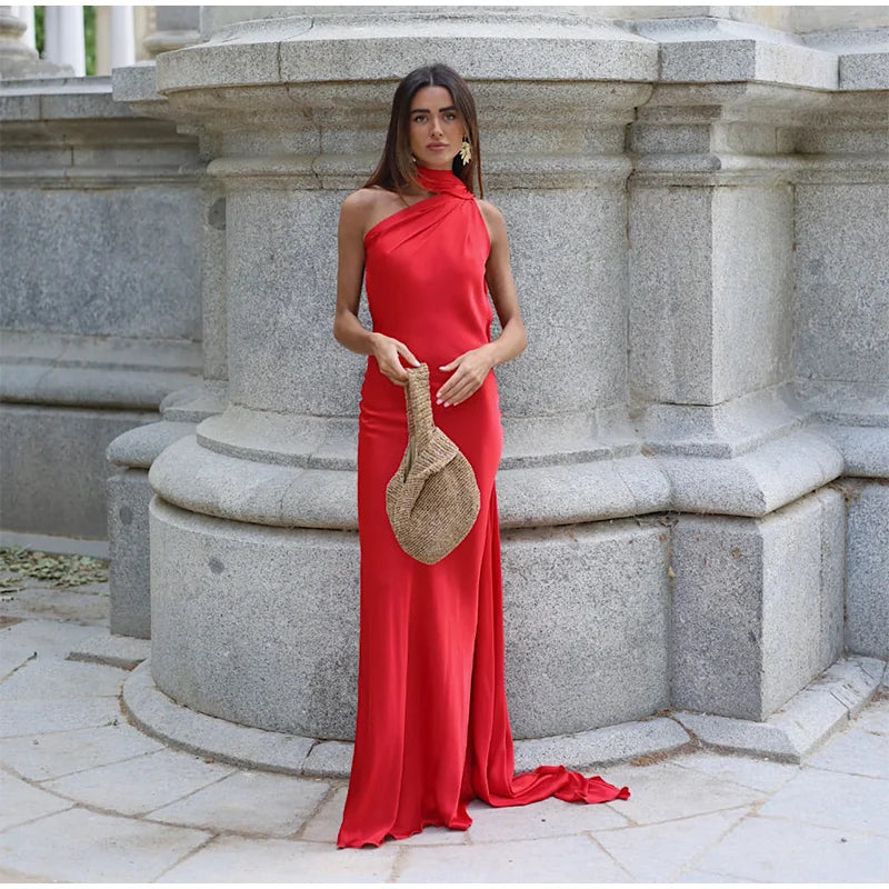 Elegant Ribbon Halter Dress Women Solid Off Shoulder Sleeveless Backless Slim Maxi Dresses 2026 Summer Autumn Party Robes Lady