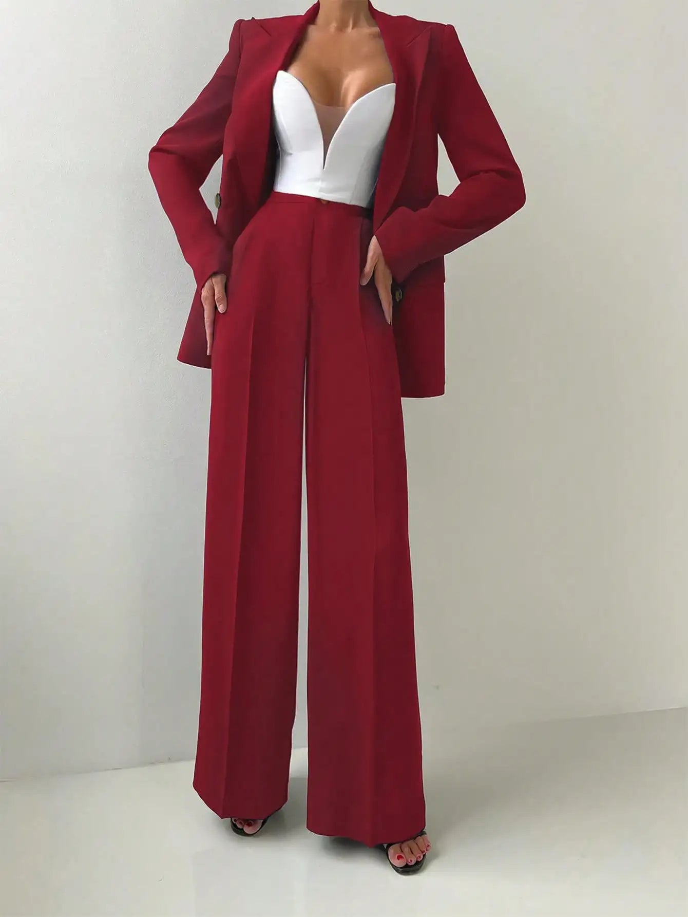 Women's Elegant Casual Blazer Jacket And Straight Trousers 2-Piece Suit Set Chrisimas & New Year Eve Party Outfit