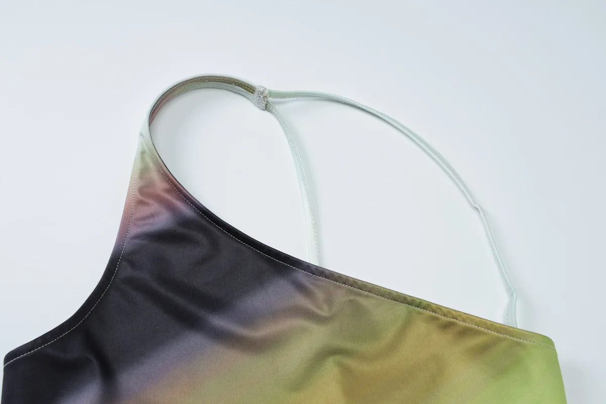 Elegant One Shoulder Green Gradient Color Vacation Beach Dress 2 Piece Set Women One Shoulder Backless Tank Top Long Skirts Suit