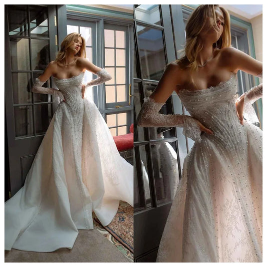 Crystal Mermaid Gown Wedding Dresses Strapless Appliques Evening Prom Dress Special Occasion Gowns Vestido De Noiva Customized