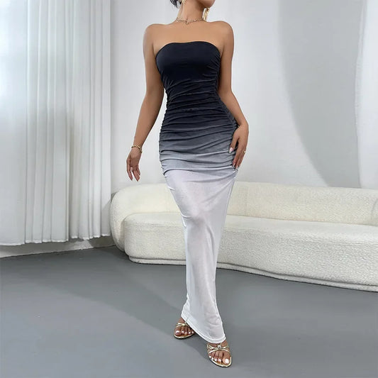 Sexy Gradient Color Folded Women's Wrap Chest Dress Fashionable Summer Dress Long Ankle Length Empire Waistline Sleeveless