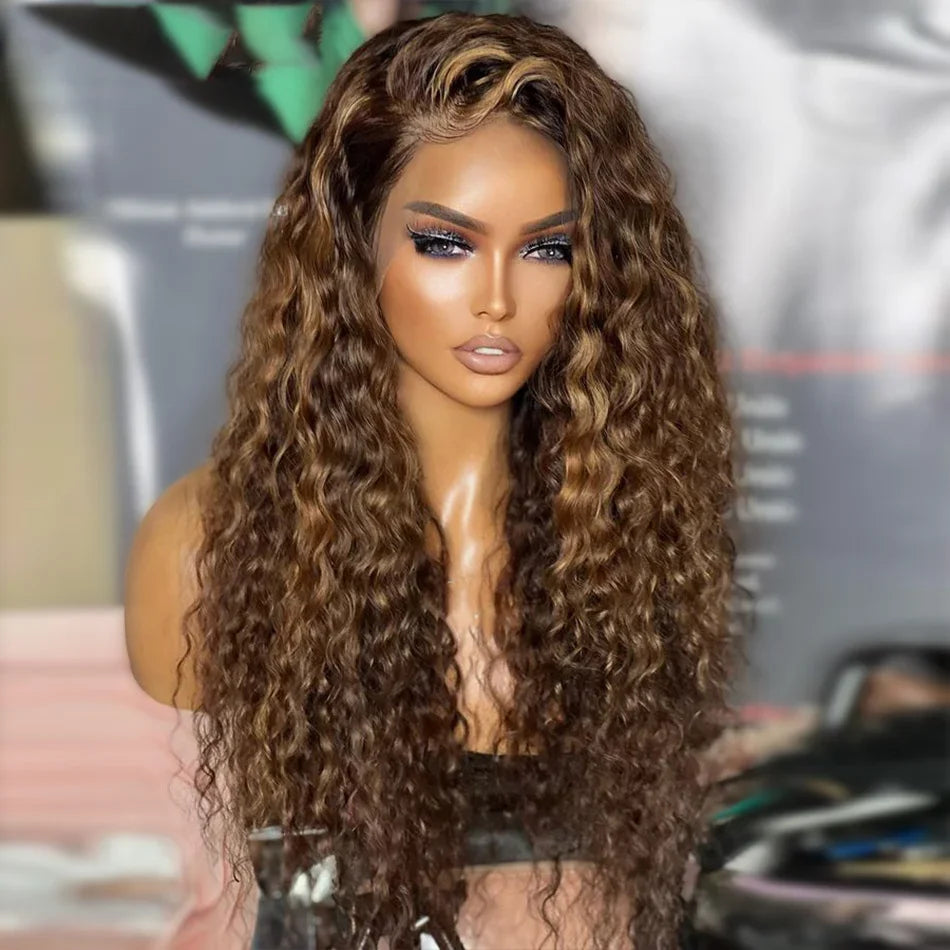 Long Highlight Blonde Brown Kinky Curly 180Density Lace Front Wig For Black Women Babyhair Natural Hairline Preplucked Glueless