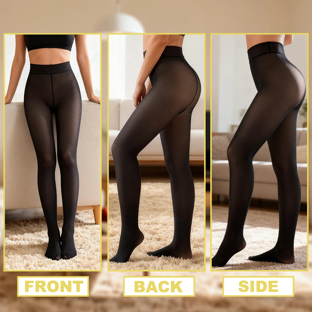 New Women Fleece Lined Black Tights Sheer Fake Translucent Warm Winter Pantyhose Leggings Outfit Thick Tights Invisible Crotch