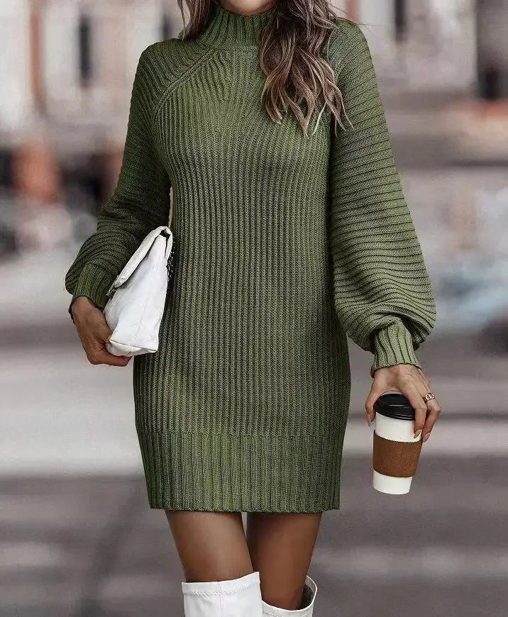 High Neck Long Sleeve Women's Knitted Dress Sweater Autumn Winter New Style Cross-Border Fashion Elegant Classy Female Garment