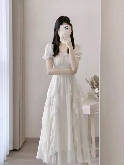 French Style White Fairy Dress Women's Summer 2025 New Super Fairy Princess Gown Gentle Wind Long Skirt Elegant Sensation