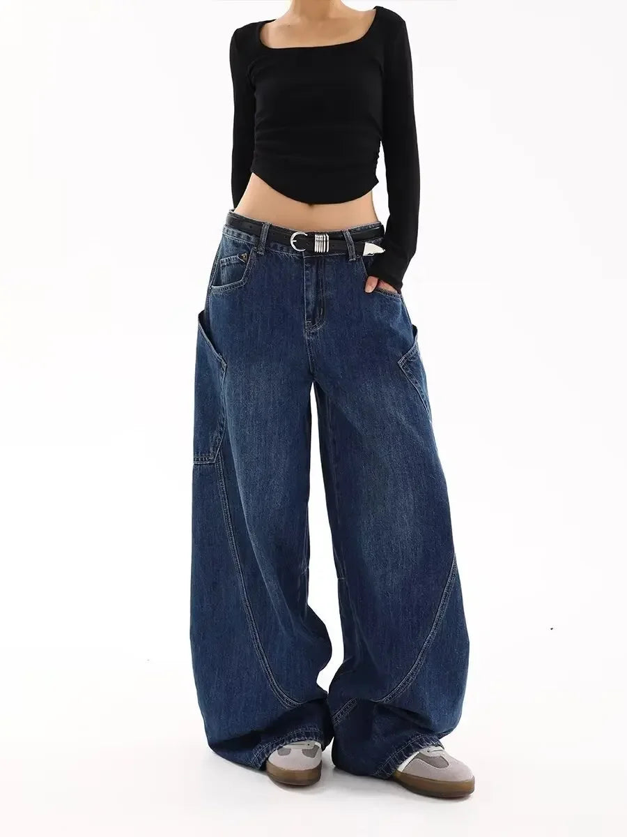 American Retro Knife Pocket Wide Leg Jeans Women's Spring Autumn Style Hot Girl High Street Design Loose Floor-Length Pants