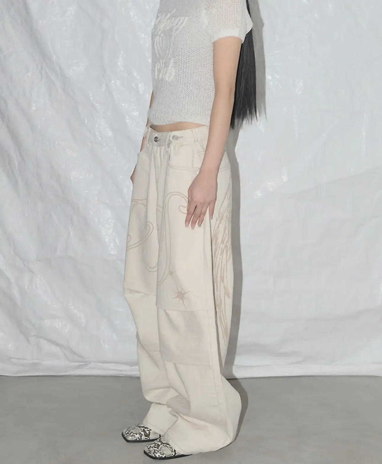 Y2k Trendy Korean Style Jeans Harajuku Retro Simple Angel Print Loose Jeans Fashion New Low Rise Solid Color Straight Leg Pants