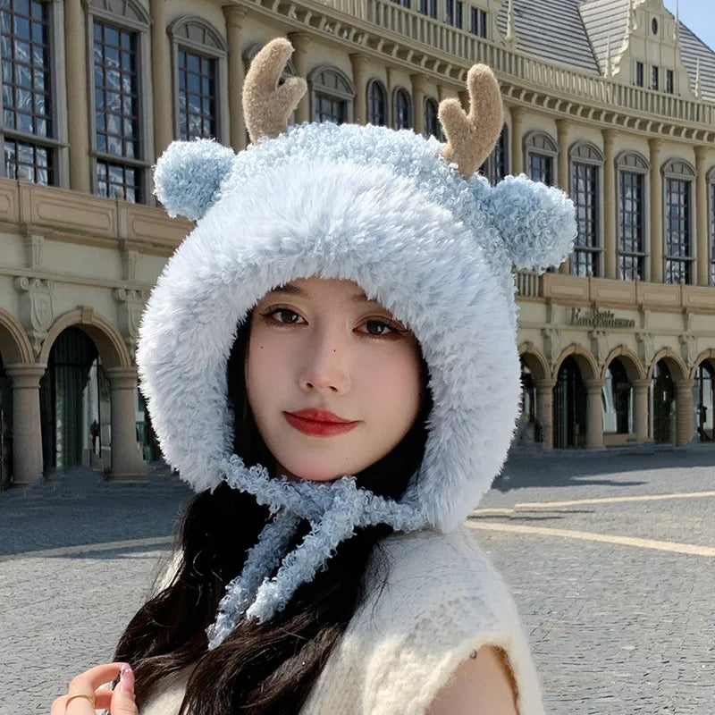 Knitted Hat Beanie Winter Warm Fleece Lined Reindeer Antlers Korean Style Cute Christmas Party Women Girls Thickened Thermal