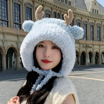 Knitted Hat Beanie Winter Warm Fleece Lined Reindeer Antlers Korean Style Cute Christmas Party Women Girls Thickened Thermal