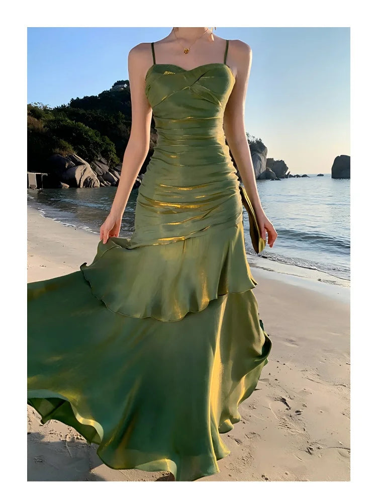 Sexy Solid Spaghetti Strap Sleeveless Evening Dresses Elegant Ruffles Party Long Dress For Women Summer Slim Beach New Vestidos
