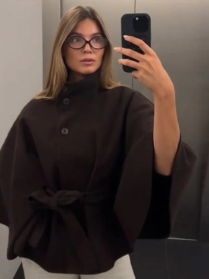 Elegant Fleece Women's Coats Solid Stand Long Sleeve Belted Lace-Up Button Jackets 2025 Autumn Winter Outerwear Female Tops