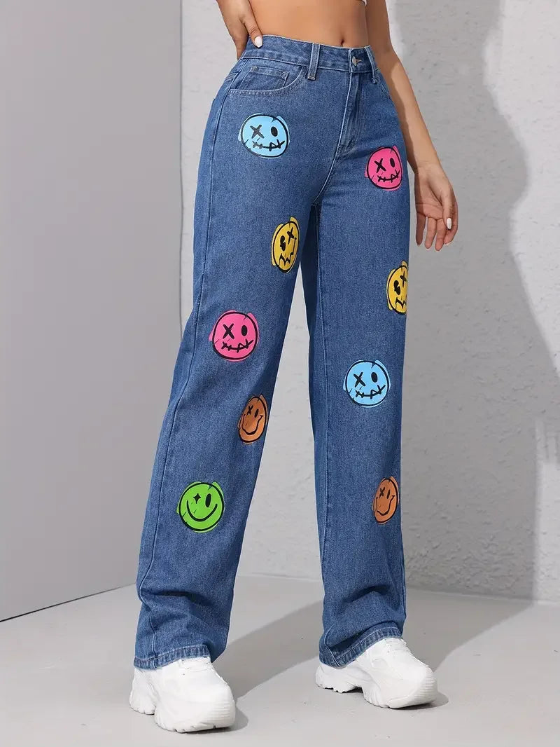 Women Smile Face Print Stretch Jeans Fashion Skinny Bottom High Waist Gray Denim Pants Lady Classic Y2K Punk Long Trousers