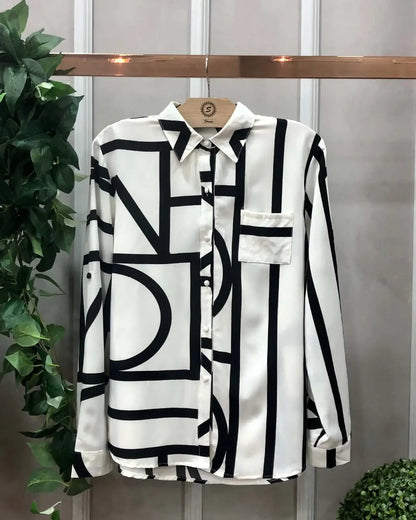 Women Geometric Print Shirt, Spring and Autumn Fashion Long-sleeved Shirts, Camisa Girls Chemise Size S M L XL XXL