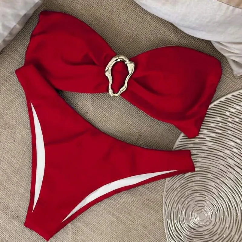 Women Strapless Bikinis Sets Summer Push Up Swimwear Two Pieces Suits Female Sexy Swimsuits Solid Color Lady Backless Beachwear