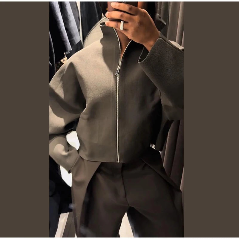 Woolen Zipper Loose Short Jacket Women Long Sleeve Lapel Solid 2025 Autumn Winter Commute Coat Street Office Warm Ladies Outwear