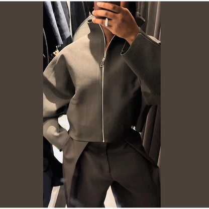 Woolen Zipper Loose Short Jacket Women Long Sleeve Lapel Solid 2025 Autumn Winter Commute Coat Street Office Warm Ladies Outwear